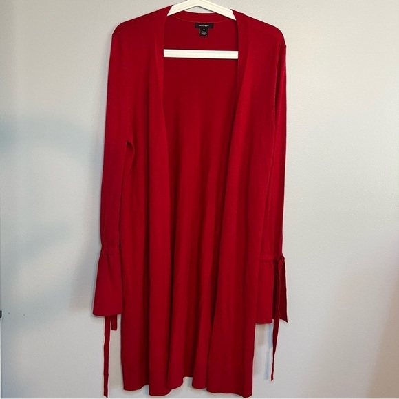 Halogen Open Front Cardigan Sweater Longline Red  Chiffon Sleeve Sz M essential - Picture 1 of 8